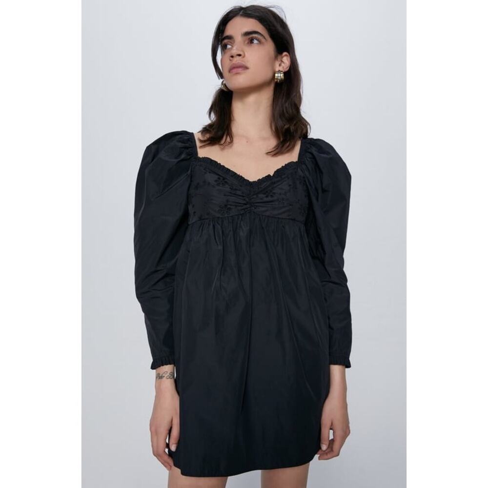 NWOT Zara Black Embroidered Puff Sleeve Mini Dress
